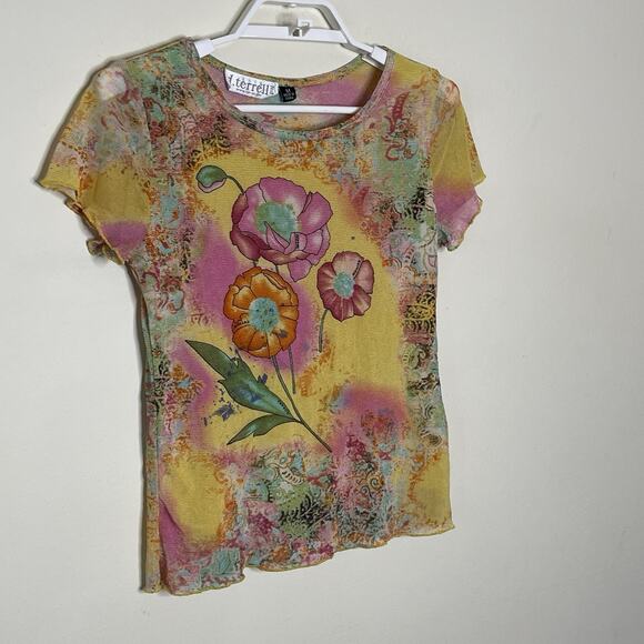 Vtg Yellow Colorful Sheer Mesh Flower Paisley Graphic Baby T Shirt Y2K Fairy M - Picture 4 of 9